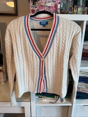 Prince Pickleball Cream Cable Knit Cardigan with Red & Blue Trim Size Large NWOT